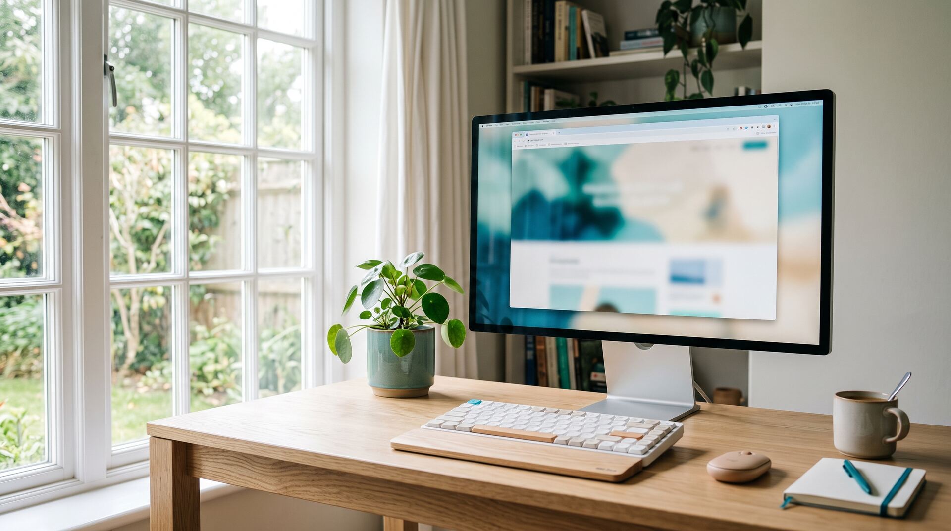 A desk by a window with a large monitor showing a web browser, a keyboard and a mug